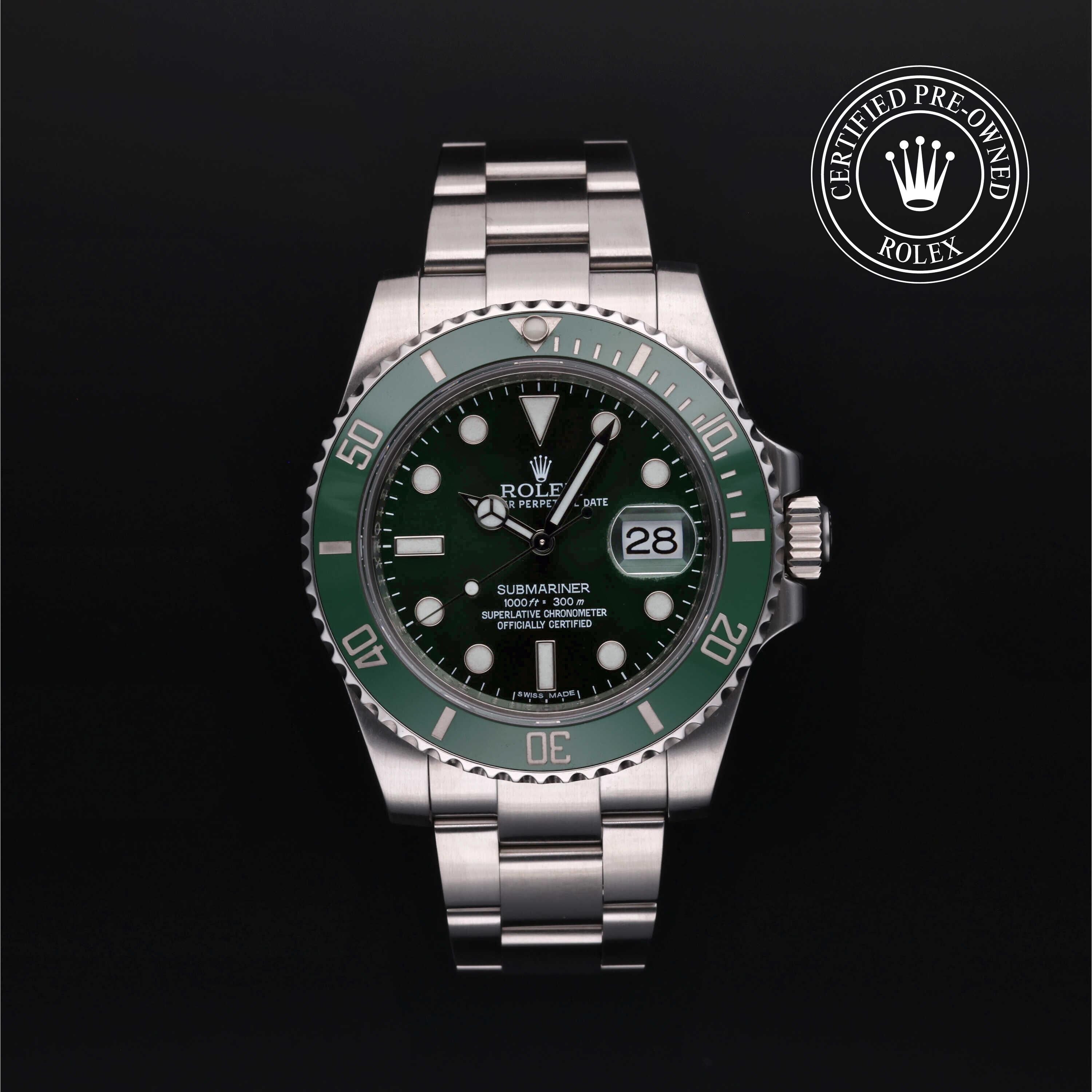 Rolex Certified Pre-owned Submariner M116610LV-0002 front on black background