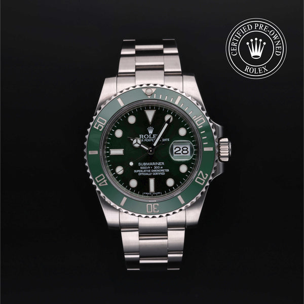 Rolex Certified Pre-owned Submariner M116610LV-0002 front on black background