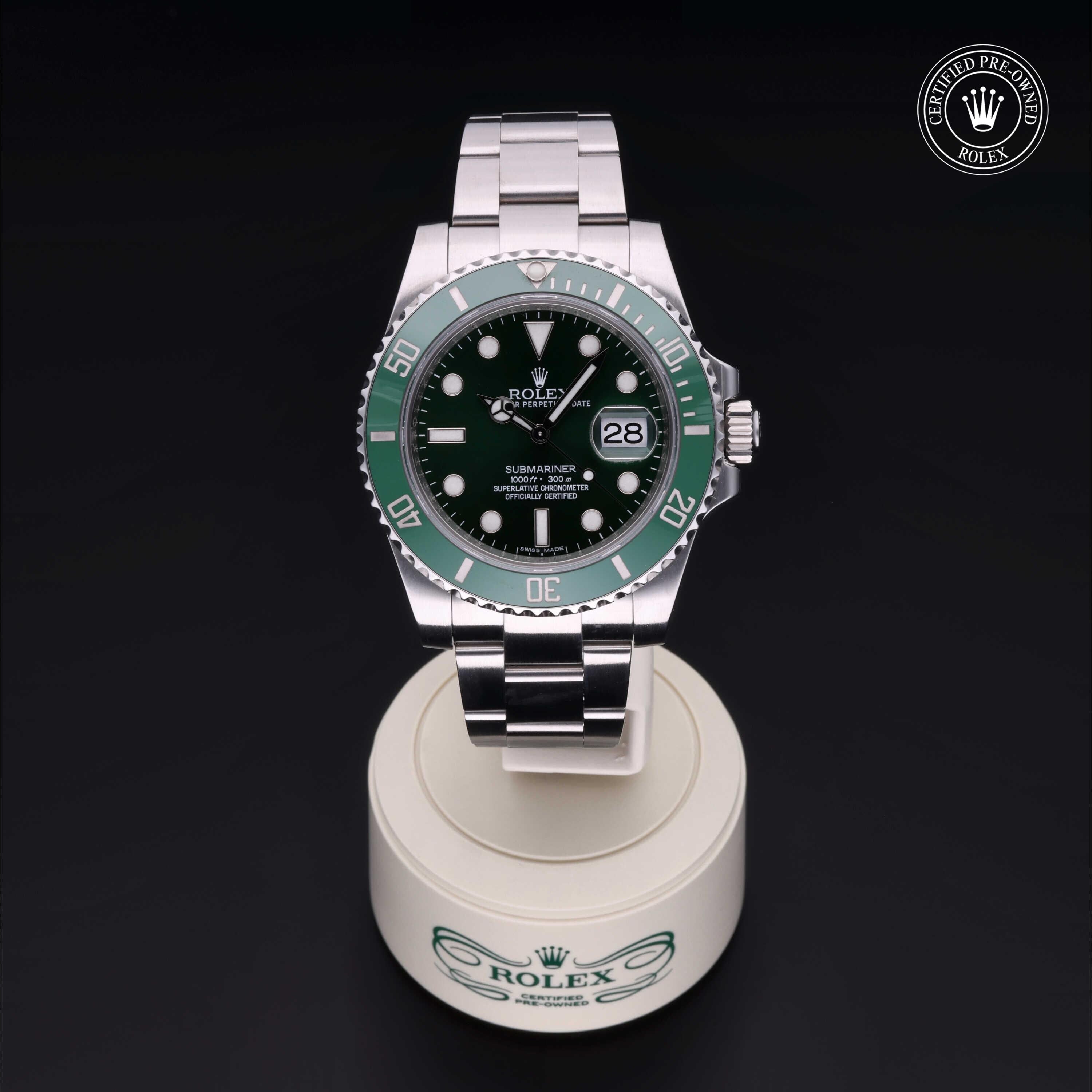 Rolex Certified Pre-owned Submariner M116610LV-0002 front on black background