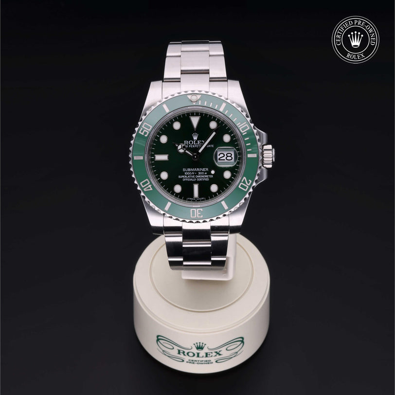 Rolex Certified Pre-owned Submariner M116610LV-0002 front on black background