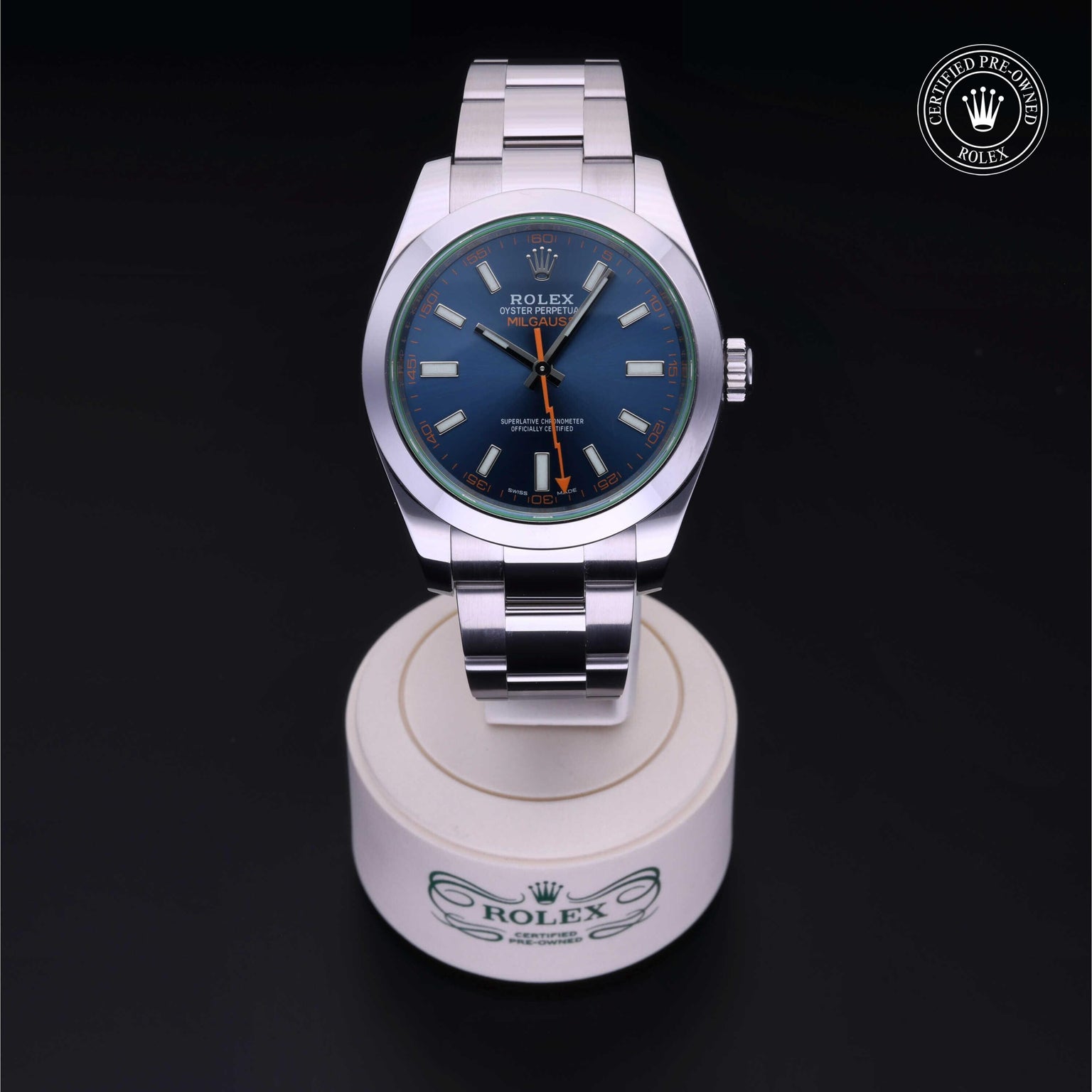 Rolex CPO Milgauss M116400GV front on white background