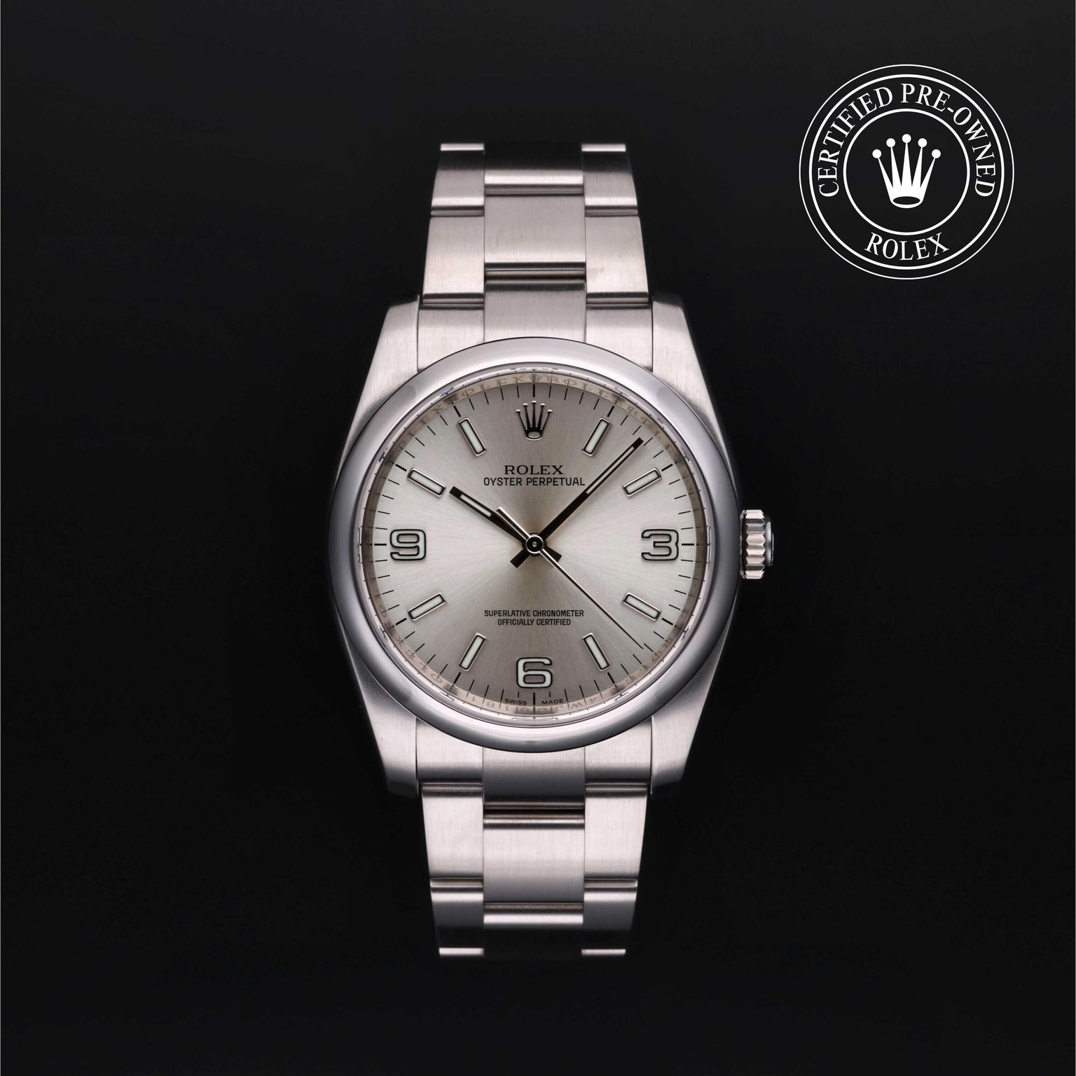 Rolex Certified Pre-owned Oyster Perpetual M116000-0001 front on black background