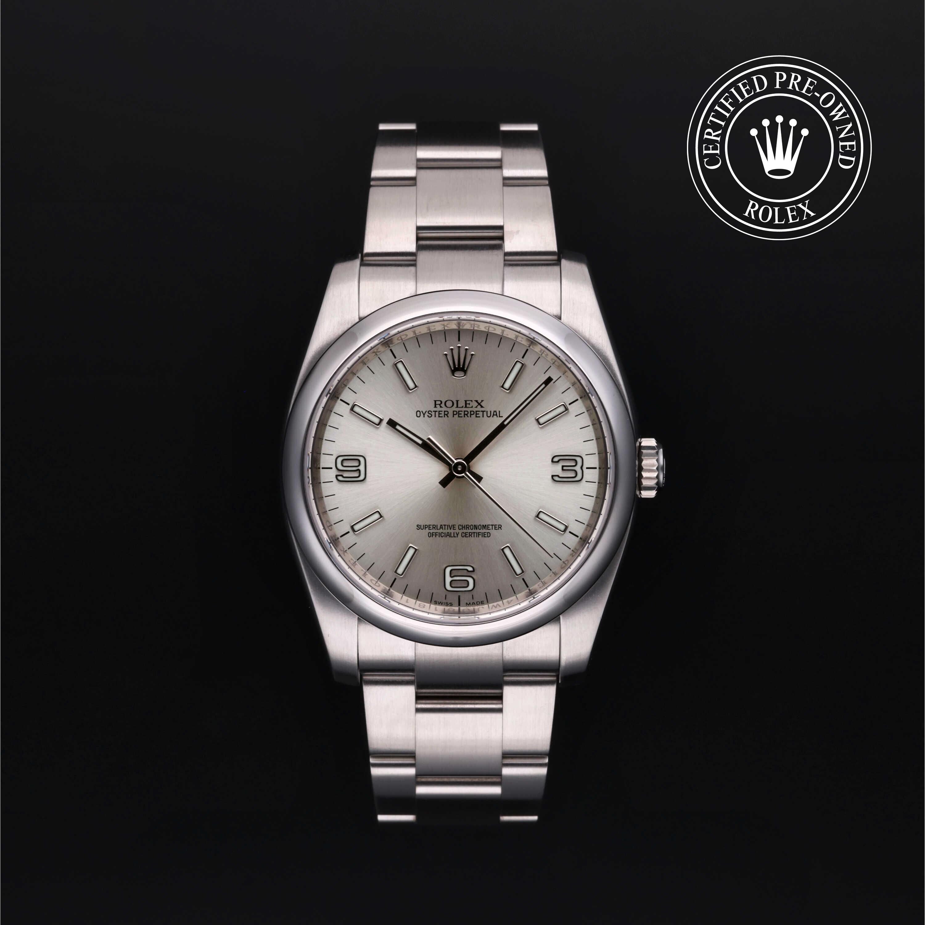Rolex Certified Pre-owned Oyster Perpetual M116000-0001 front on black background