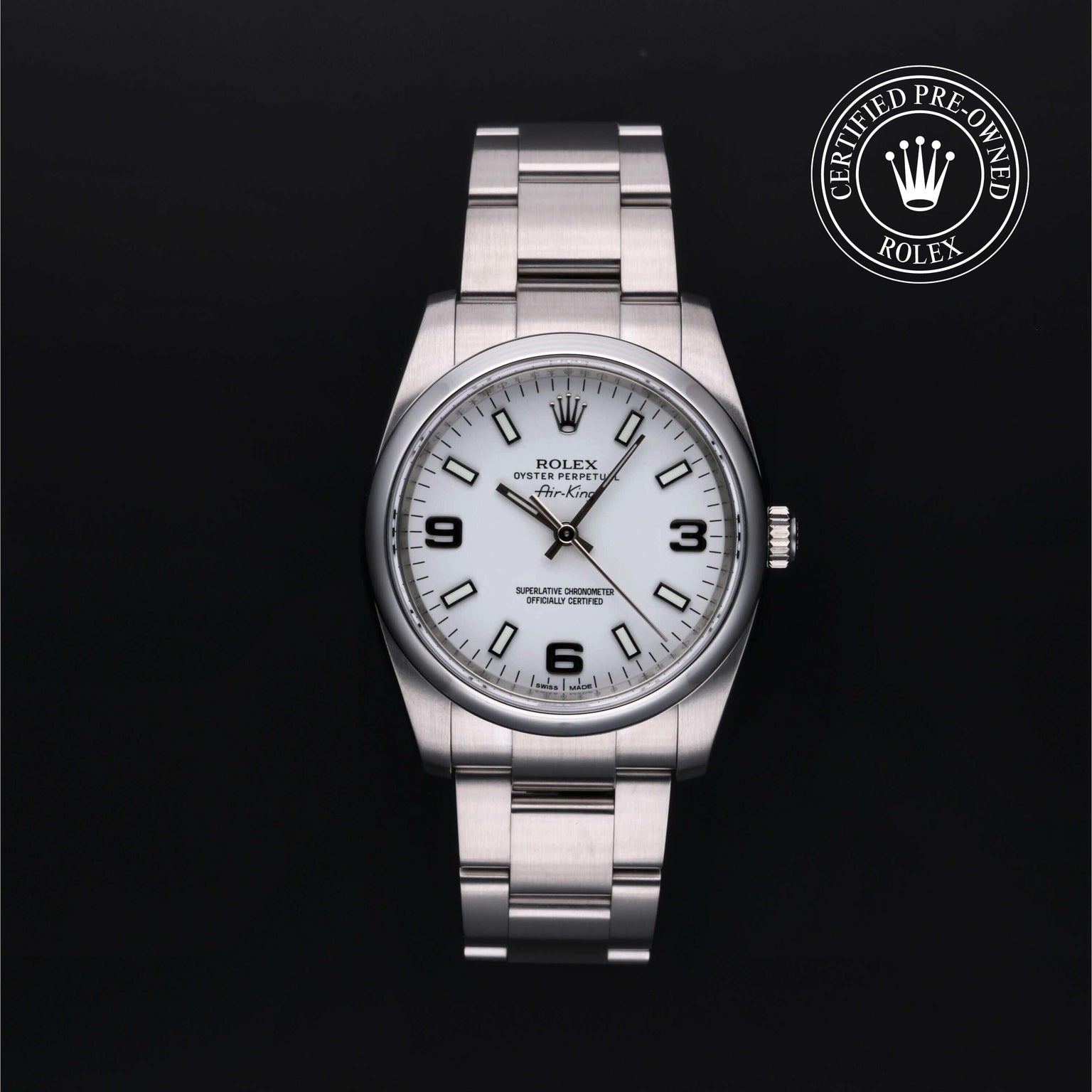Rolex Certified Pre-owned Air-King M114200-0003 front on black background