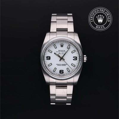 Rolex Certified Pre-owned Air-King M114200-0003 front on black background