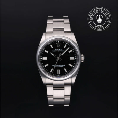 Rolex Certified Pre-owned Oyster Perpetual M126000-0014 front on black background