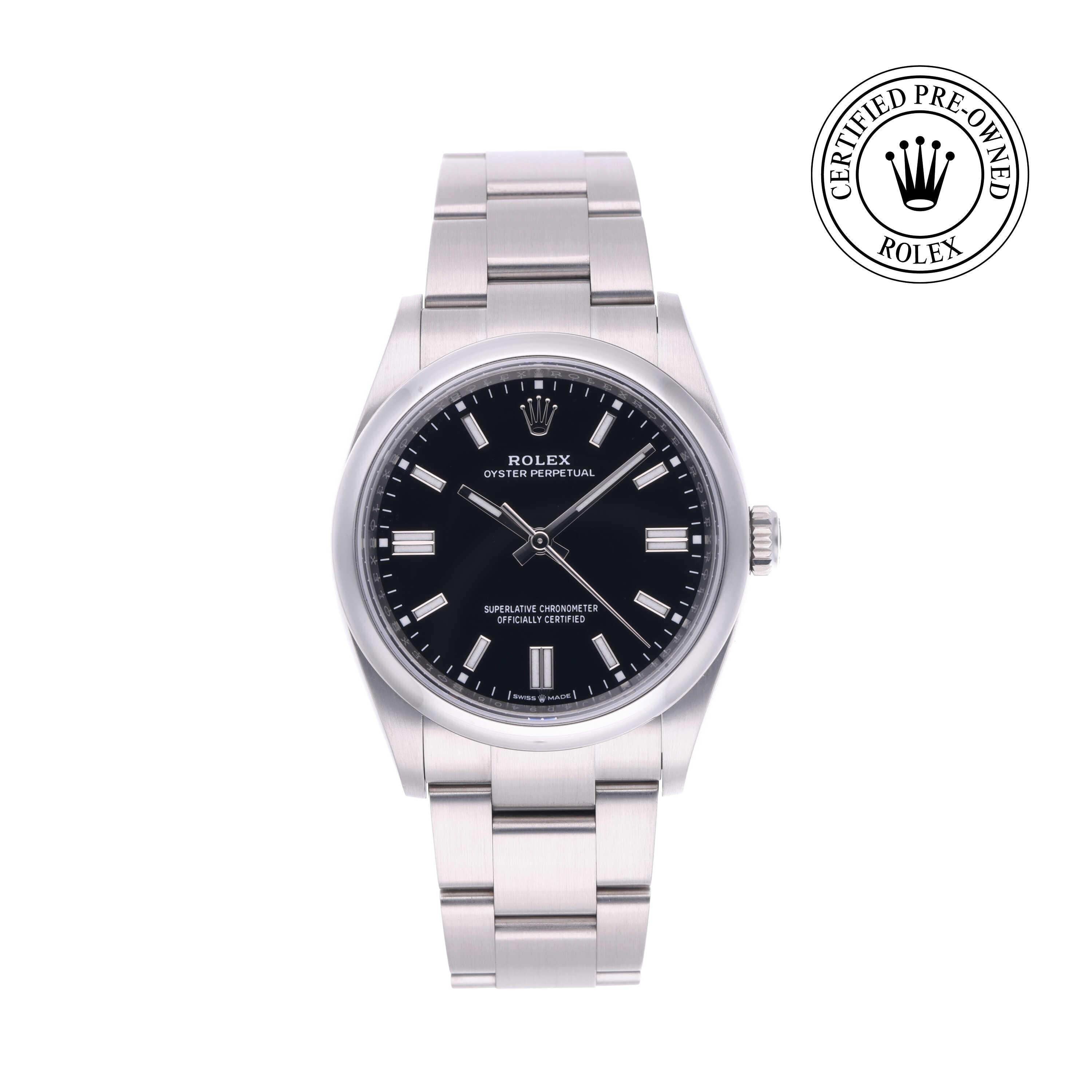 Rolex Certified Pre-owned Oyster Perpetual M126000-0014 front on white background