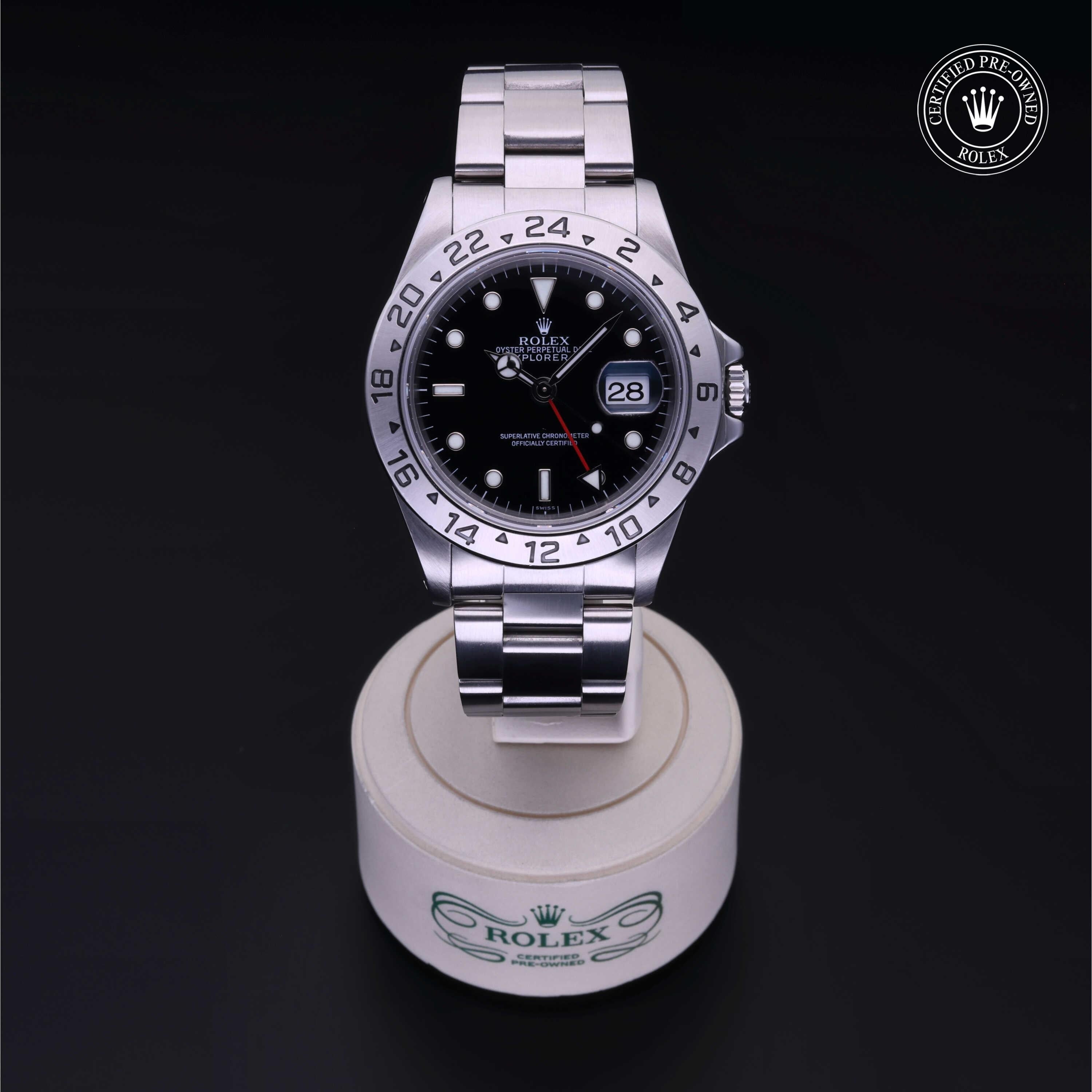 Rolex Certified Pre-owned Explorer M16570-0005 front on black background