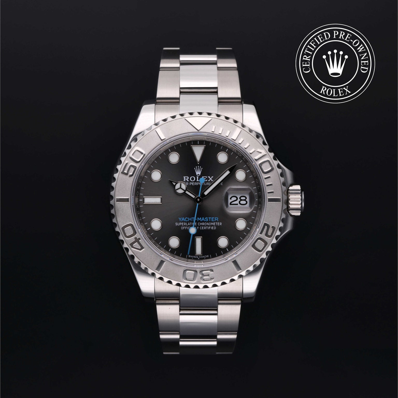 Rolex Certified Pre-owned Yacht-Master M116622-0003 front on black background