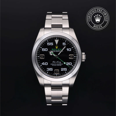 Rolex Certified Pre-owned Air-King M116900-0001 front on black background