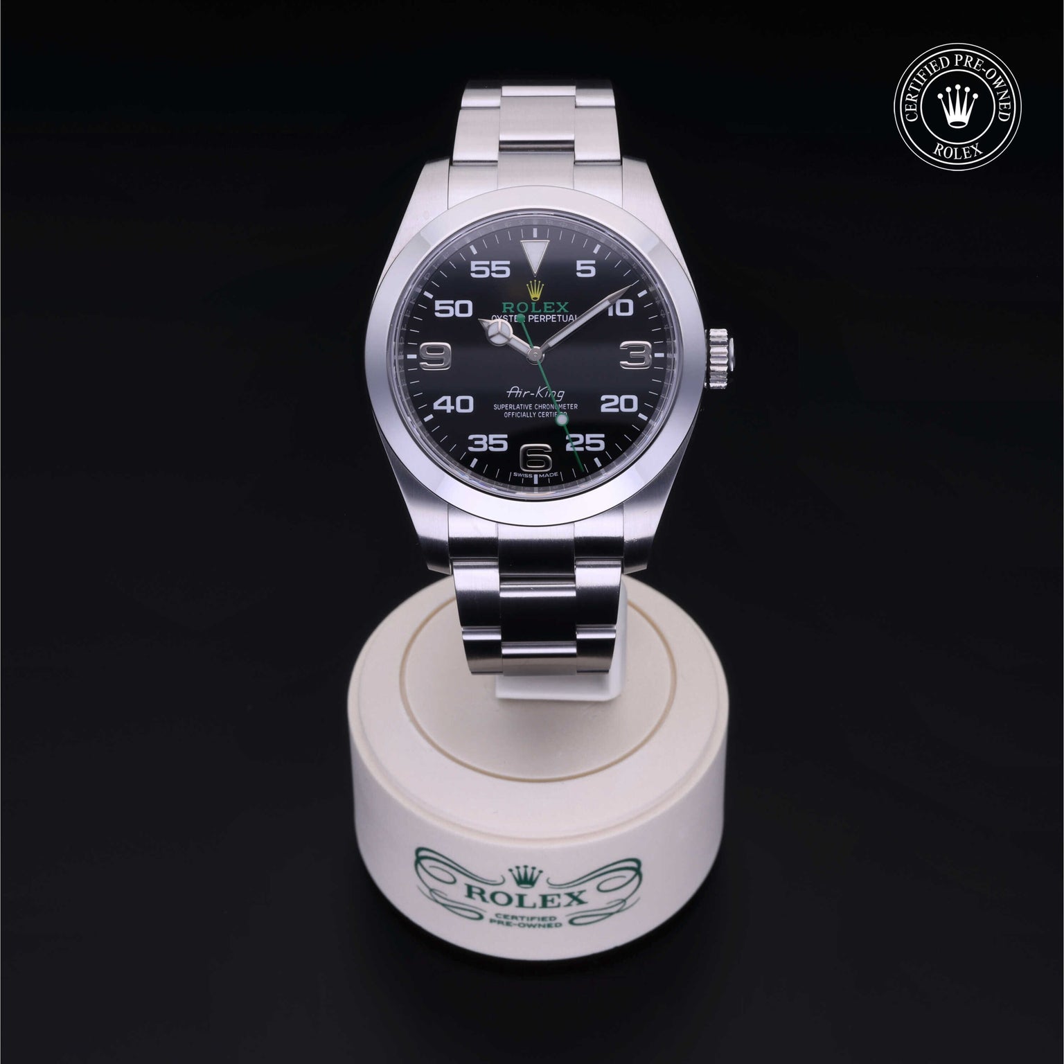 Rolex Certified Pre-owned Air-King M116900-0001 front on black background