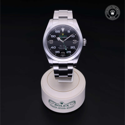 Rolex Certified Pre-owned Air-King M116900-0001 front on black background