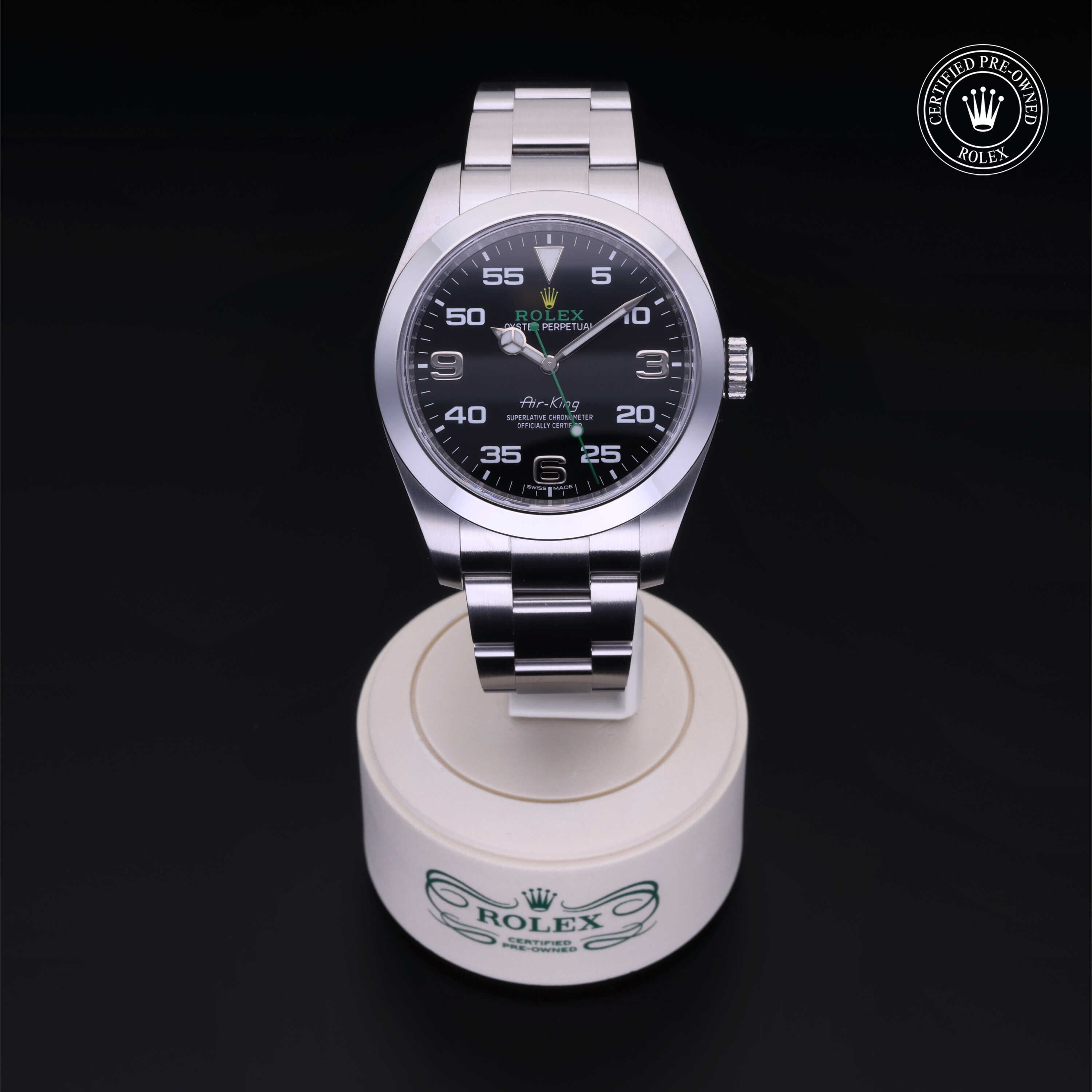Rolex Certified Pre-owned Air-King M116900-0001 front on black background