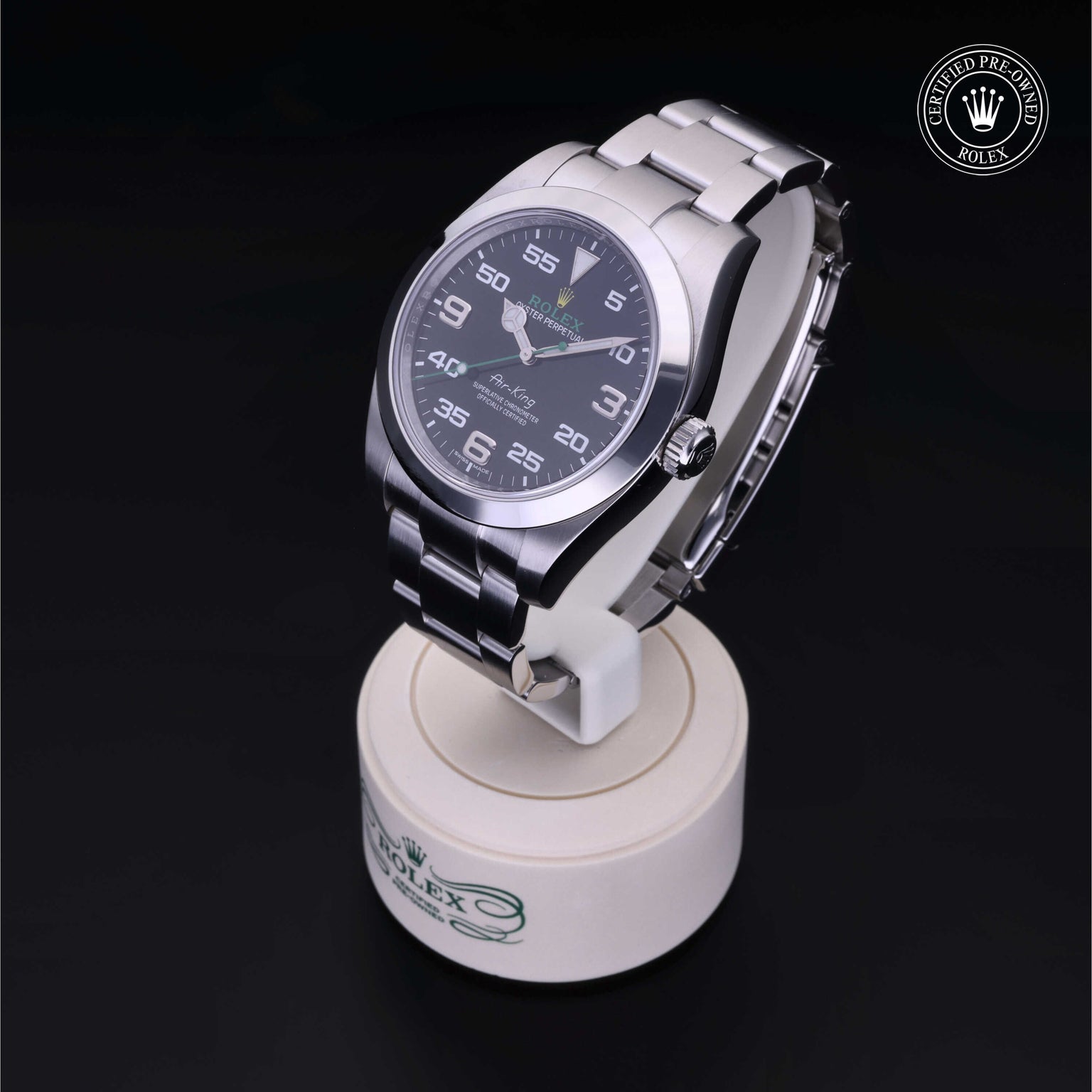 Rolex Certified Pre-owned Air-King M116900-0001 front on black background