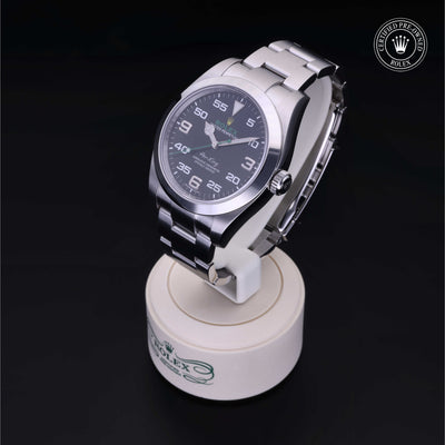 Rolex Certified Pre-owned Air-King M116900-0001 front on black background