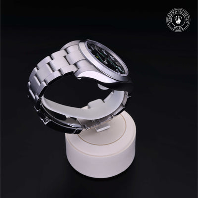 Rolex Certified Pre-owned Air-King M116900-0001 front on black background