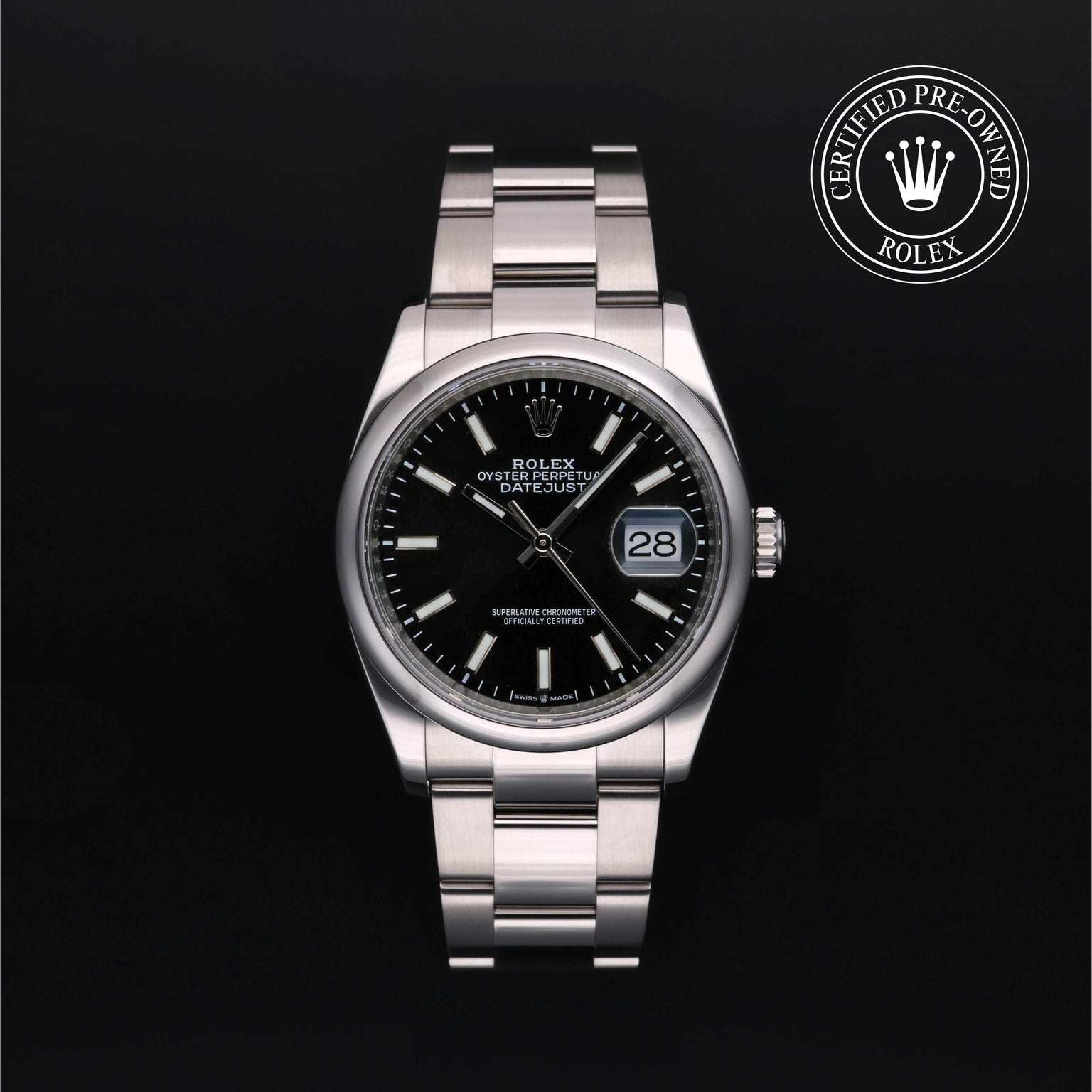 Rolex Certified Pre-owned Datejust M126200-0004 front on black background