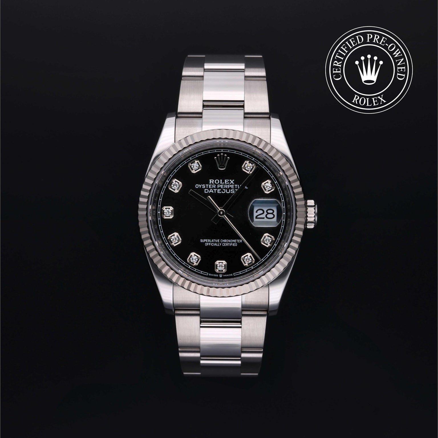Rolex Certified Pre-owned Datejust M126234-0028 front on black background