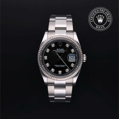 Rolex Certified Pre-owned Datejust M126234-0028 front on black background