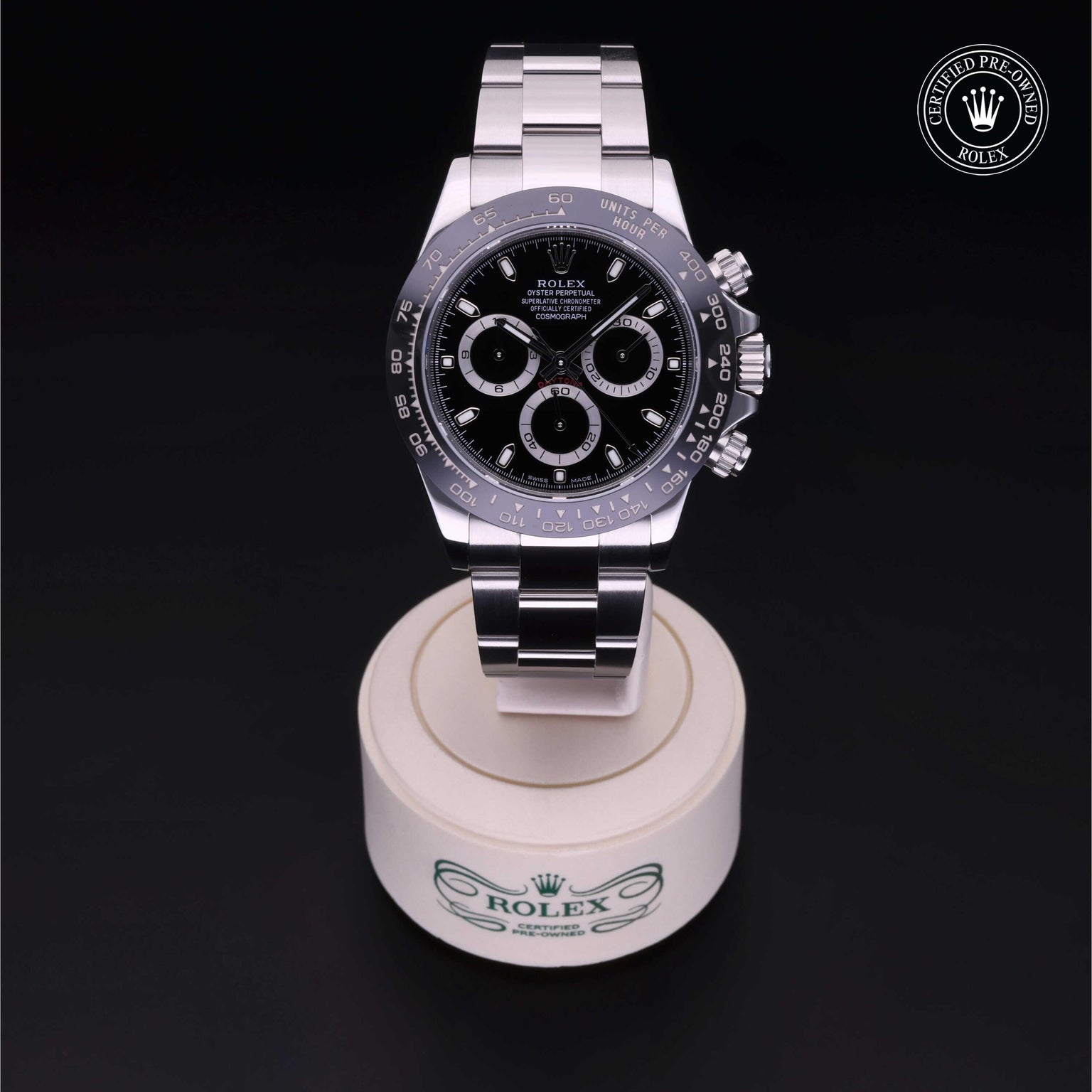 Rolex CPO Daytona M116500LN front on white background