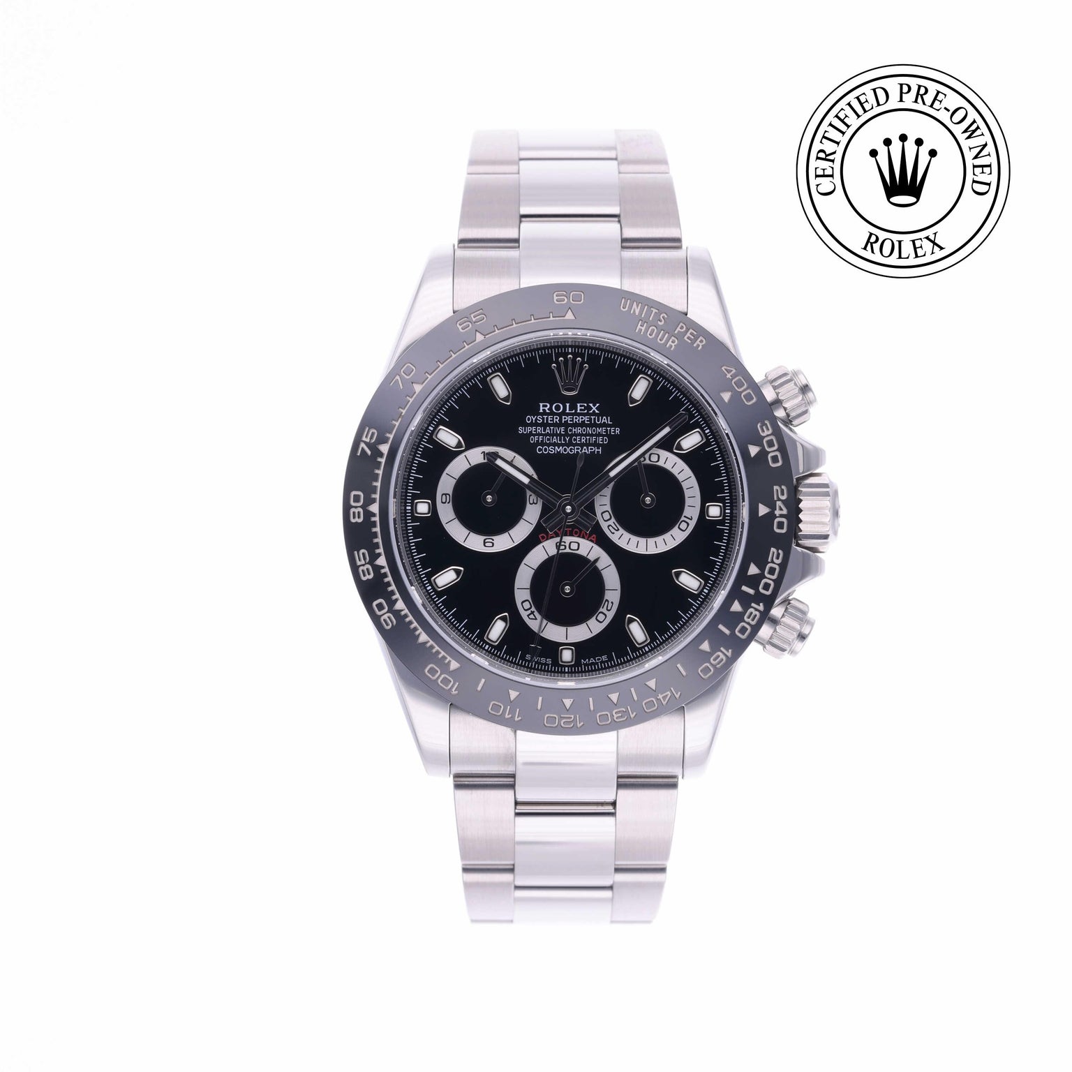 Rolex CPO Daytona M116500LN front on white background