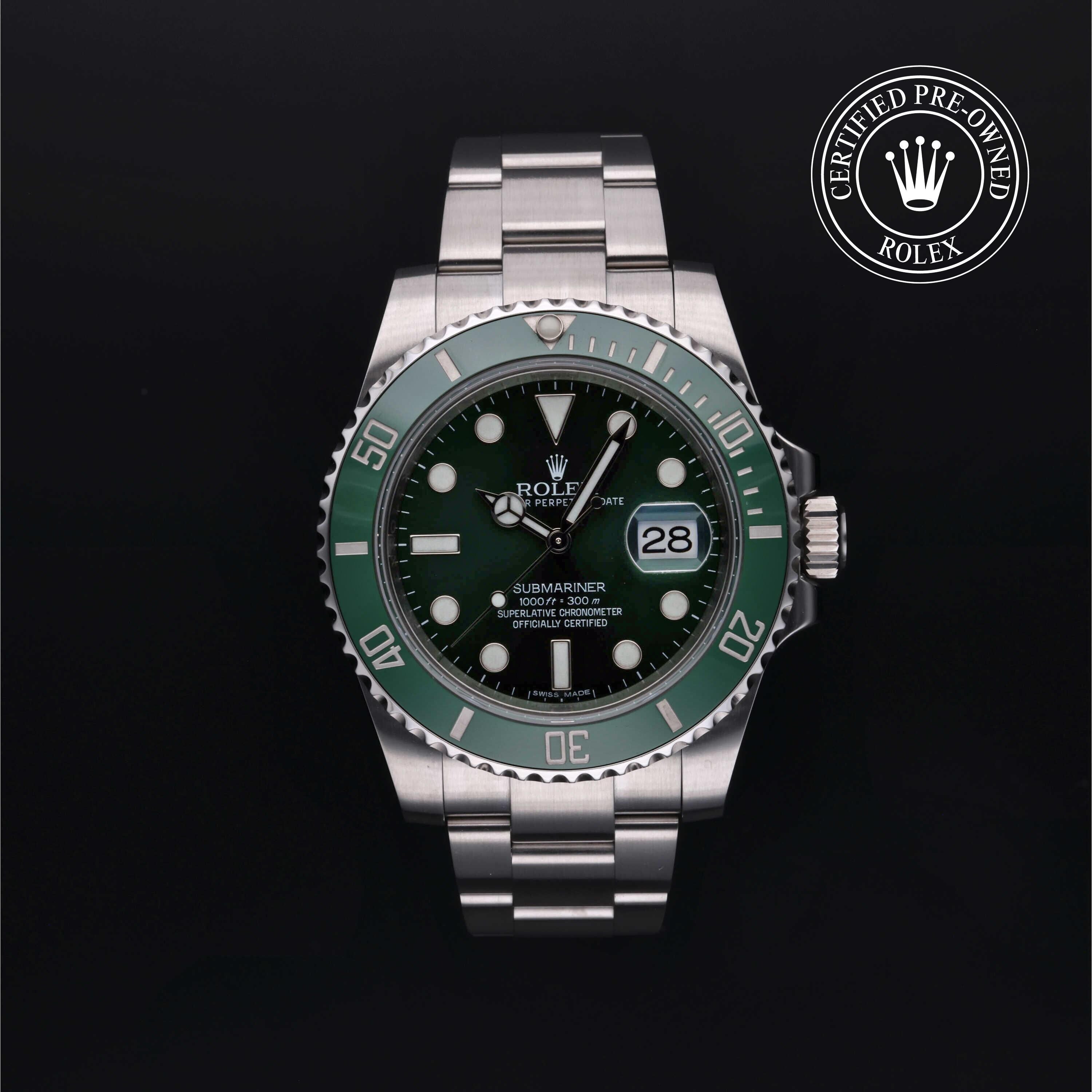 Rolex Certified Pre-owned Submariner M116610LV-0002 front on black background
