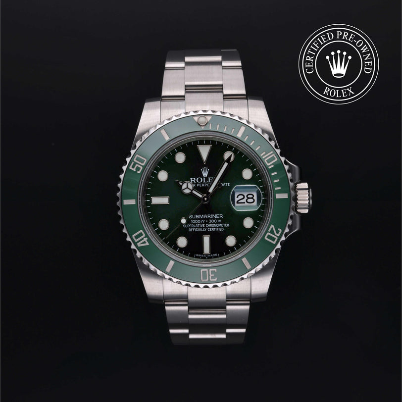 Rolex Certified Pre-owned Submariner M116610LV-0002 front on black background