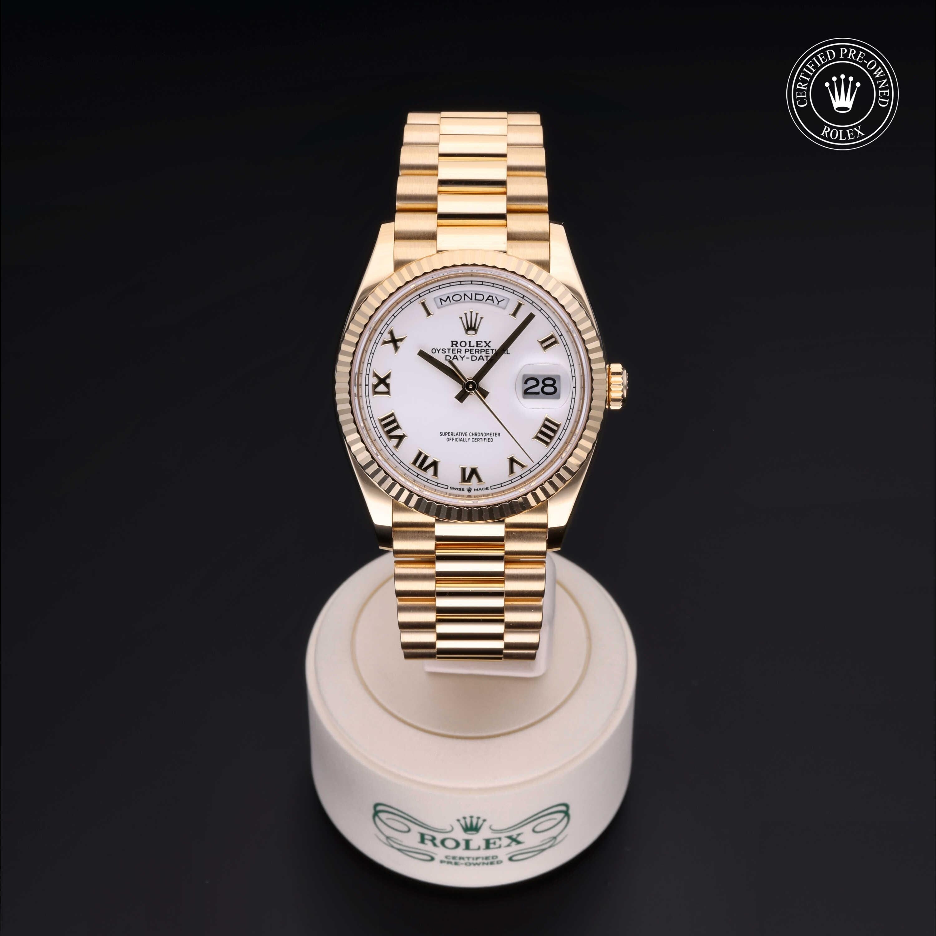 Rolex Certified Pre-owned Day-date M128238-0076 front on black background