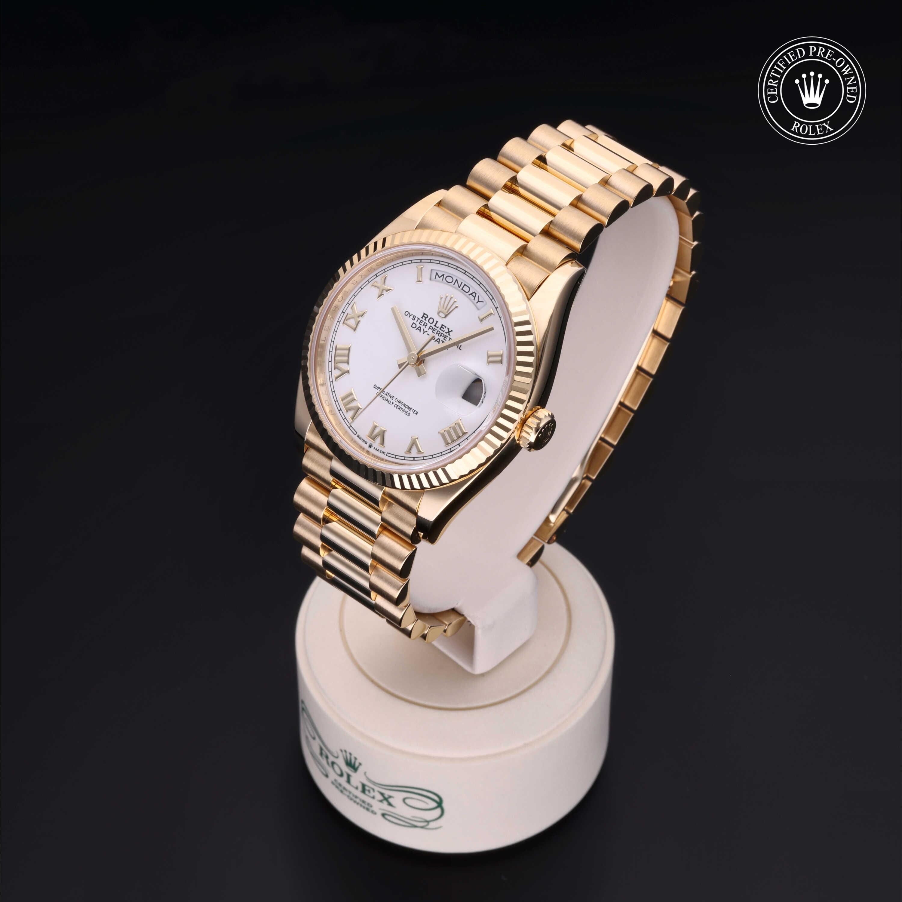 Rolex Certified Pre-owned Day-date M128238-0076 front on black background