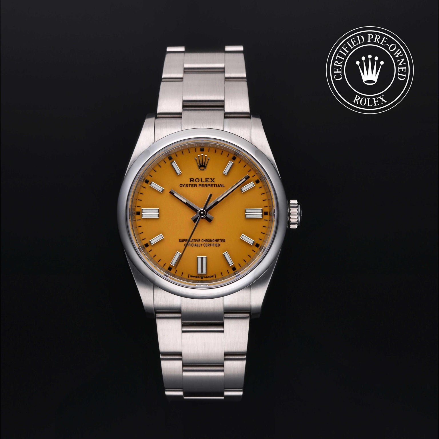 Rolex Certified Pre-owned Oyster Perpetual M126000-0004 front on black background