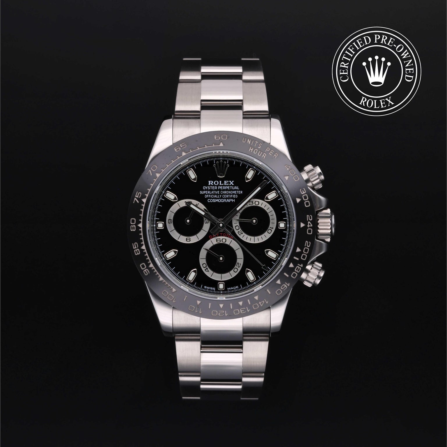 Rolex CPO Daytona M116500LN front on white background