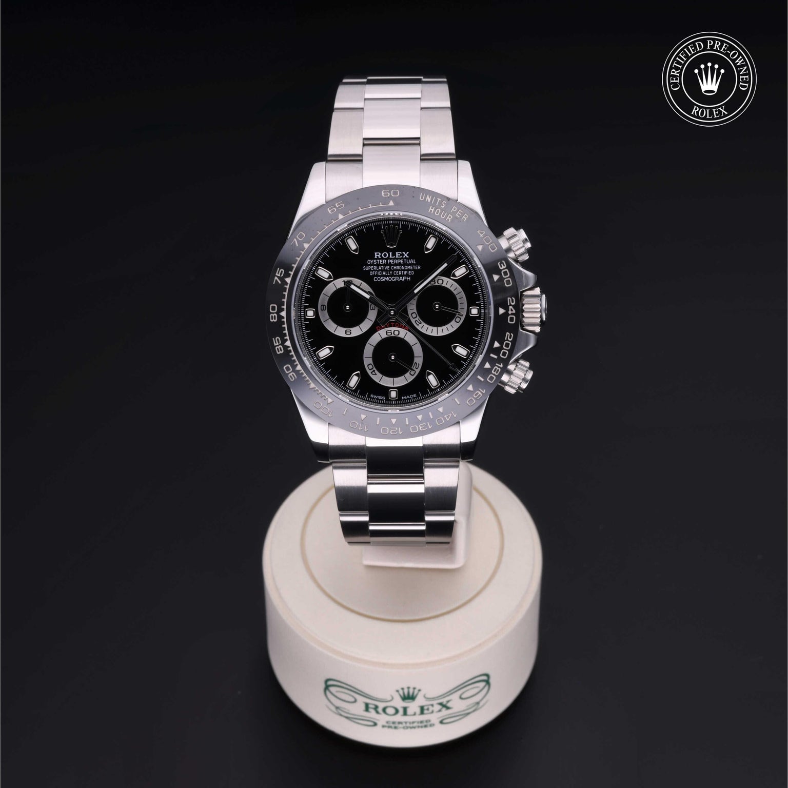 Rolex CPO Daytona M116500LN front on white background