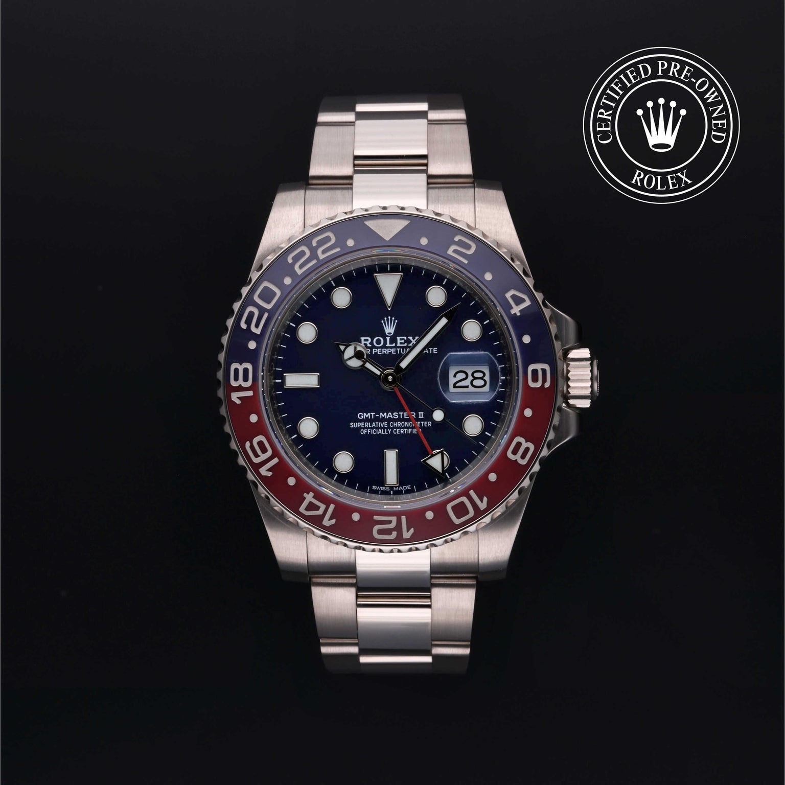 Rolex Certified Pre-owned GMT M116719BLRO-0002 front on black background