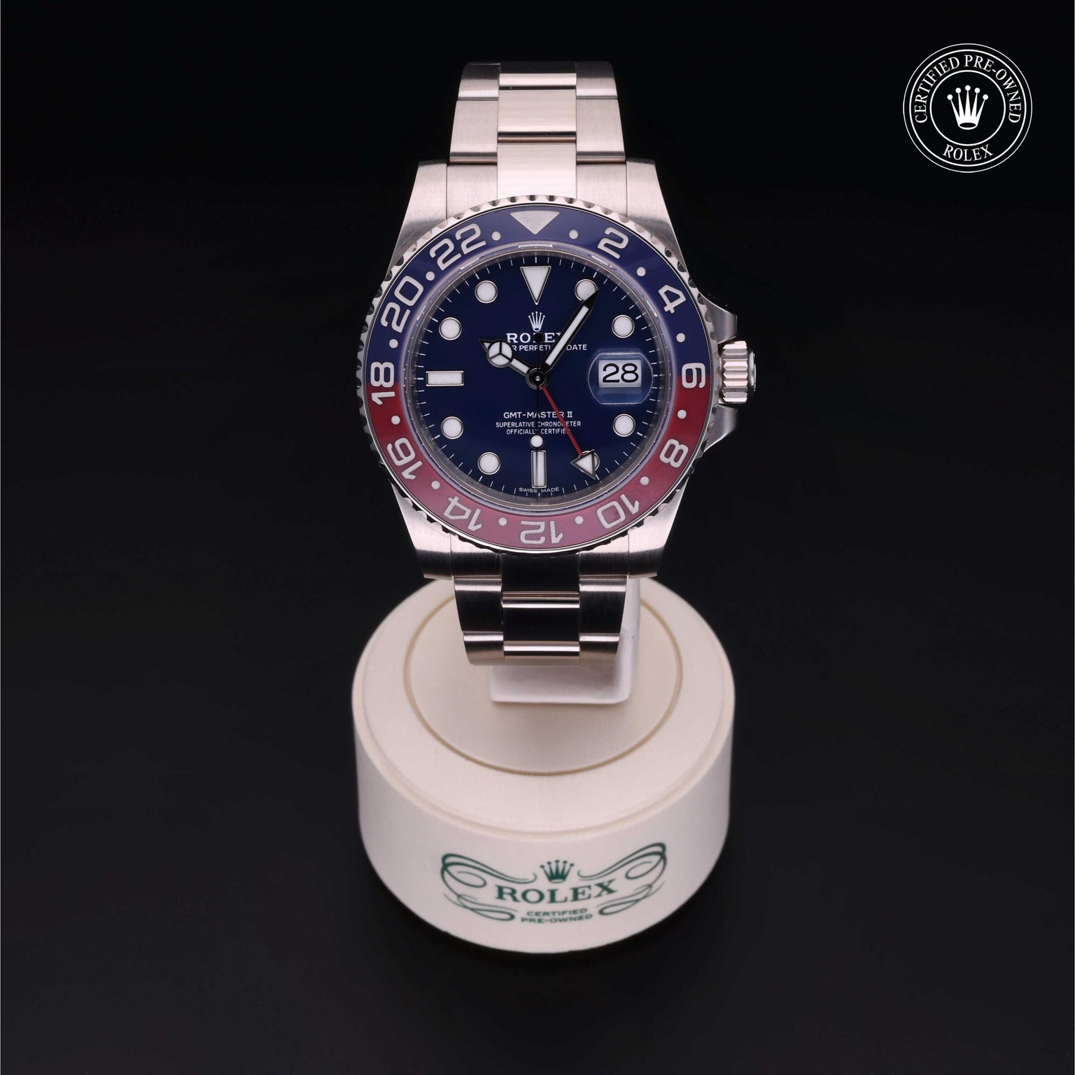 Rolex Certified Pre-owned GMT M116719BLRO-0002 front on black background