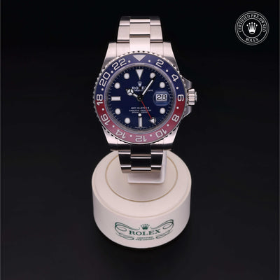 Rolex Certified Pre-owned GMT M116719BLRO-0002 front on black background