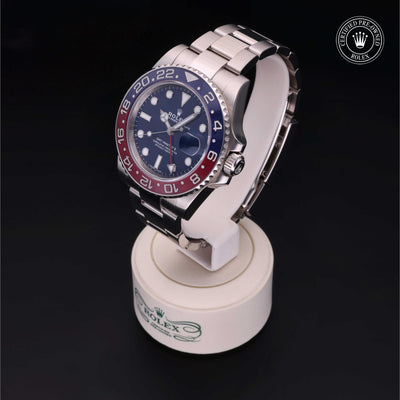Rolex Certified Pre-owned GMT M116719BLRO-0002 front on black background