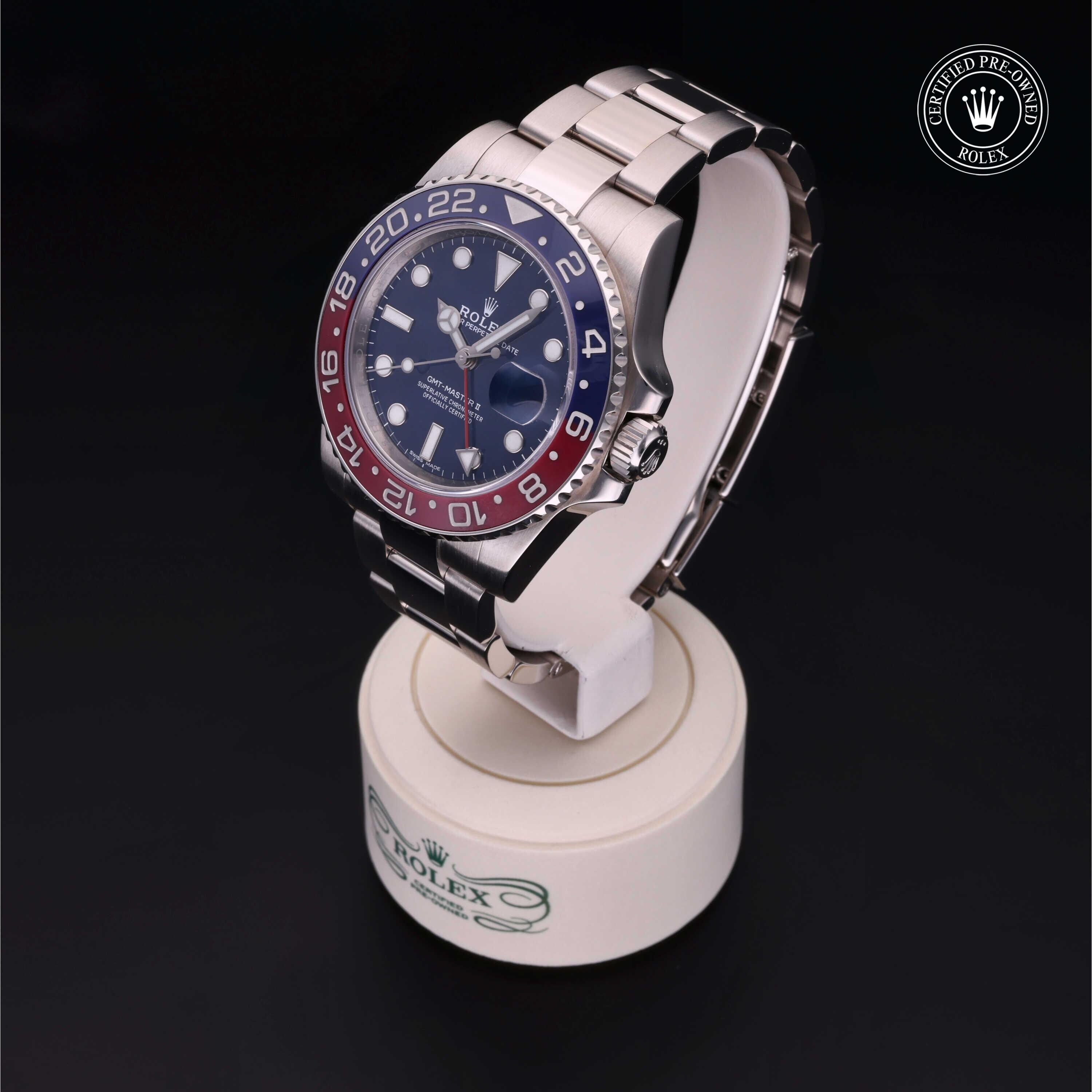 Rolex Certified Pre-owned GMT M116719BLRO-0002 front on black background