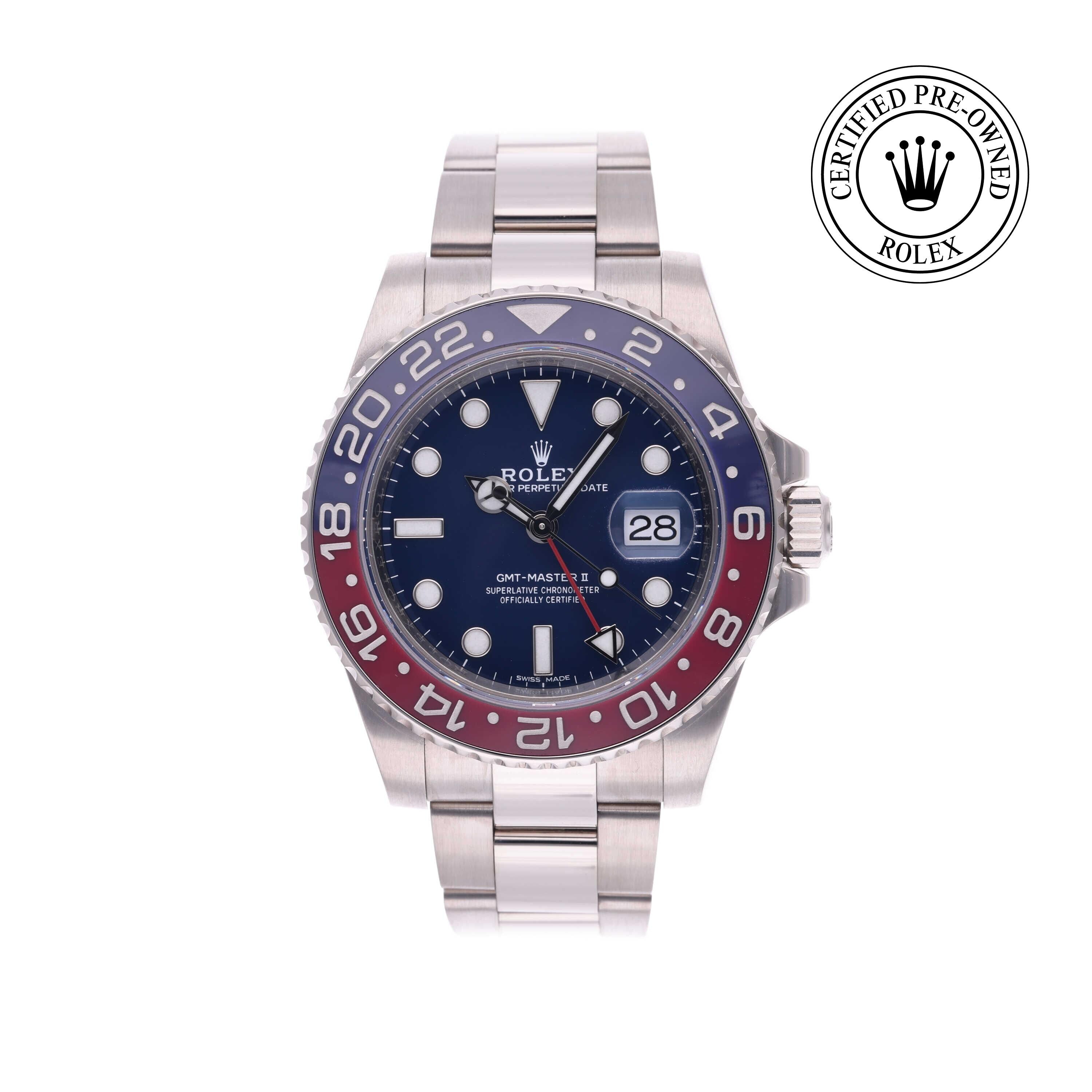 Rolex Certified Pre-owned GMT M116719BLRO-0002 front on white background
