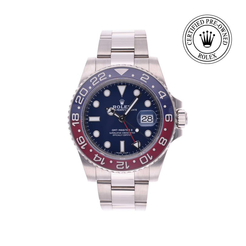 Rolex Certified Pre-owned GMT M116719BLRO-0002 front on white background