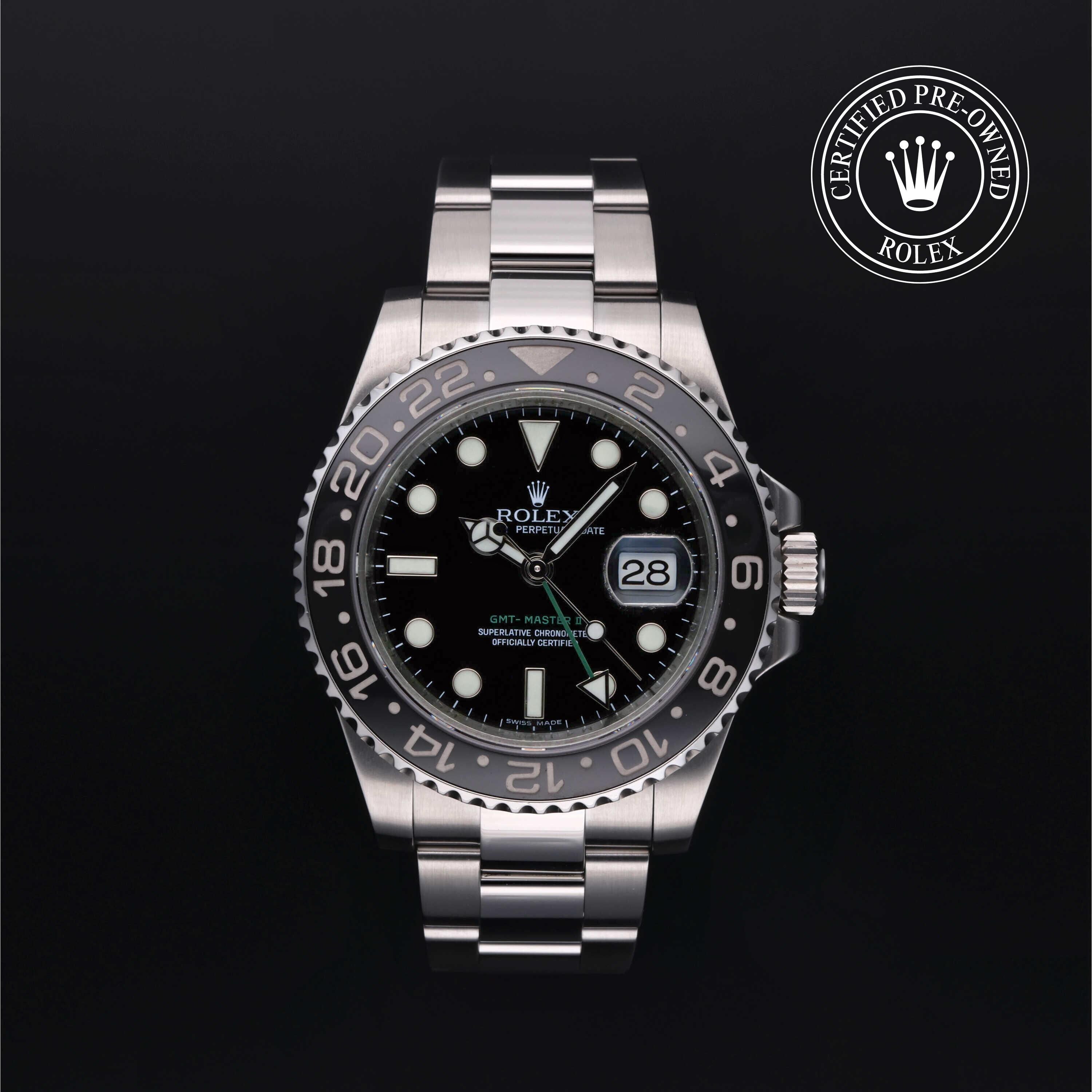 Rolex Certified Pre-owned GMT M116710LN-0001 front on black background