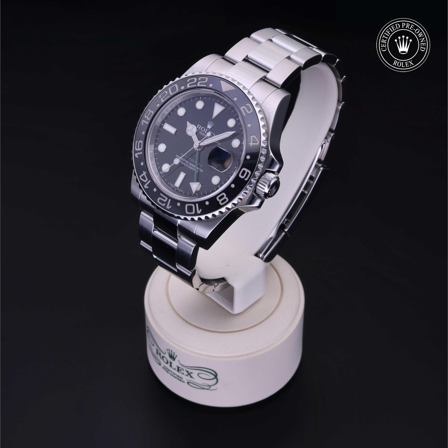 Rolex Certified Pre-owned GMT M116710LN-0001 front on black background