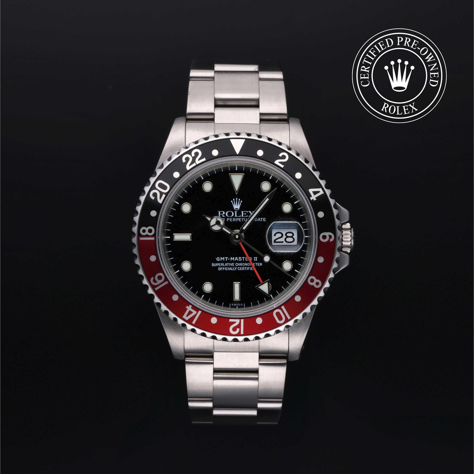 Rolex Certified Pre-owned GMT M16710-0005 front on black background