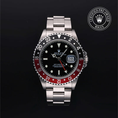Rolex Certified Pre-owned GMT M16710-0005 front on black background