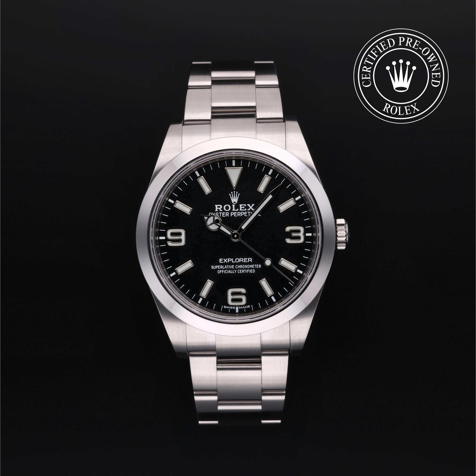 Rolex Certified Pre-owned Explorer M214270-0003 front on black background