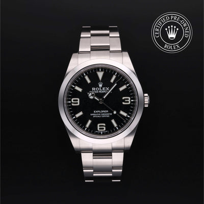 Rolex Certified Pre-owned Explorer M214270-0003 front on black background