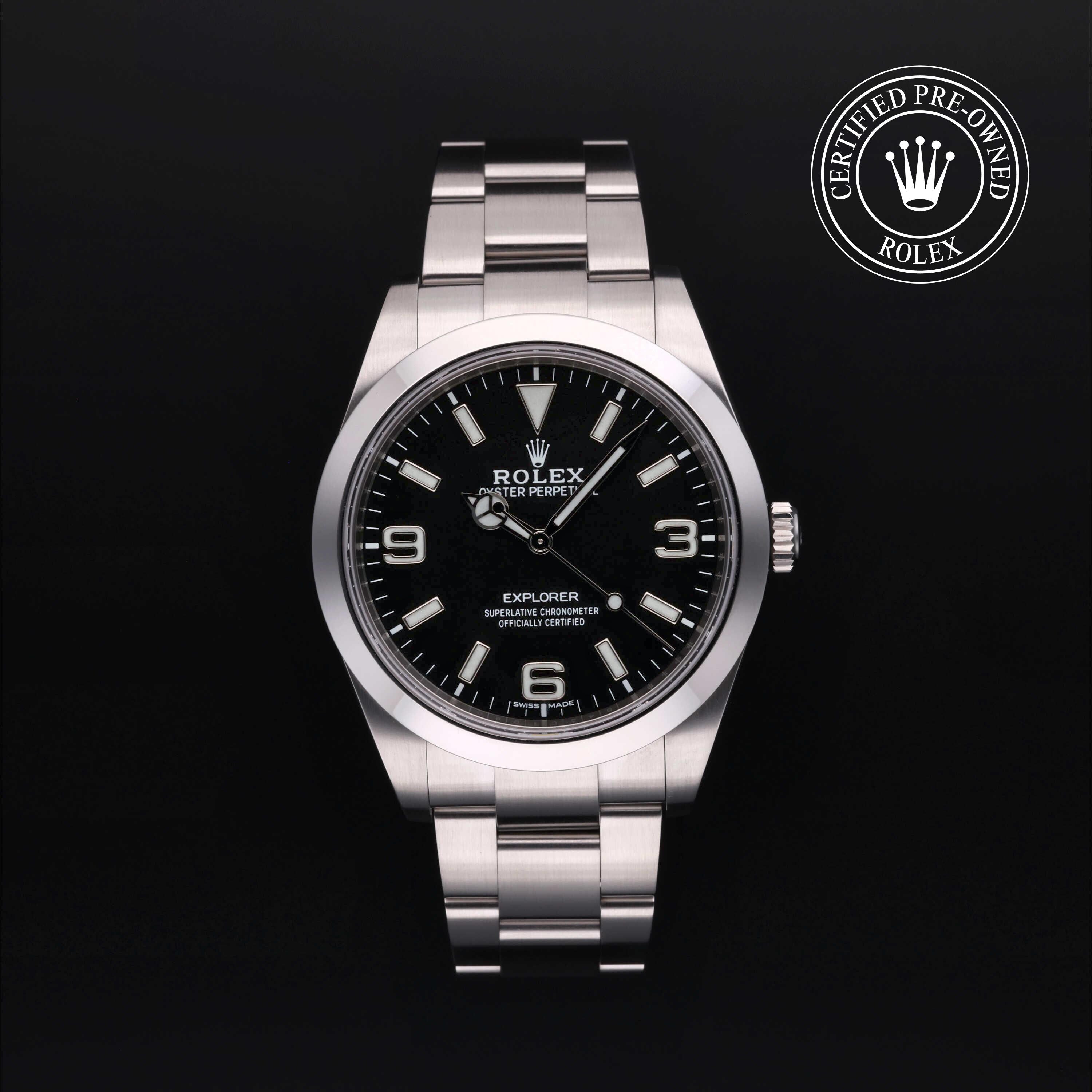 Rolex Certified Pre-owned Explorer M214270-0003 front on black background