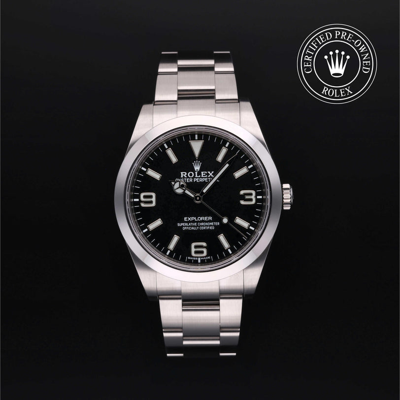 Rolex Certified Pre-owned Explorer M214270-0003 front on black background