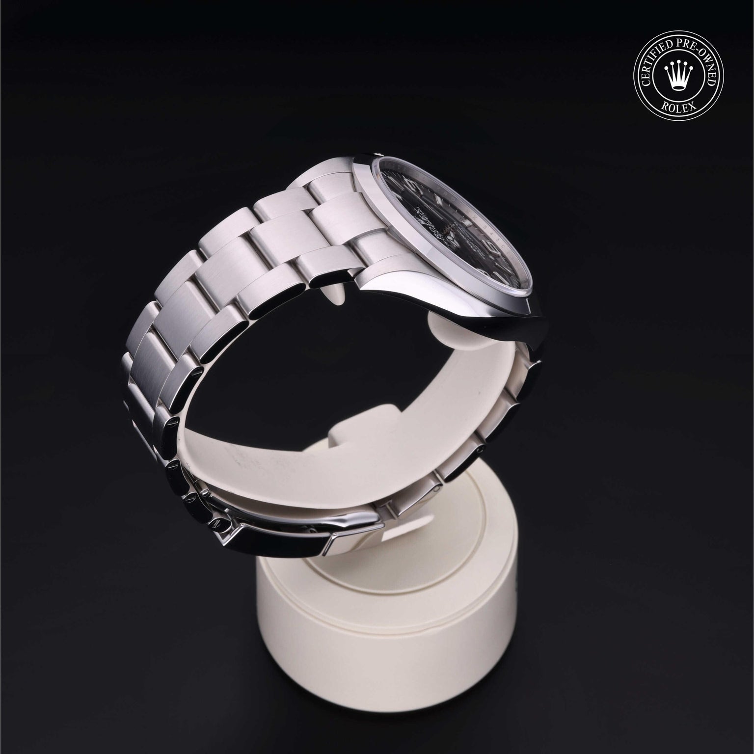 Rolex Certified Pre-owned Explorer M214270-0003 front on black background