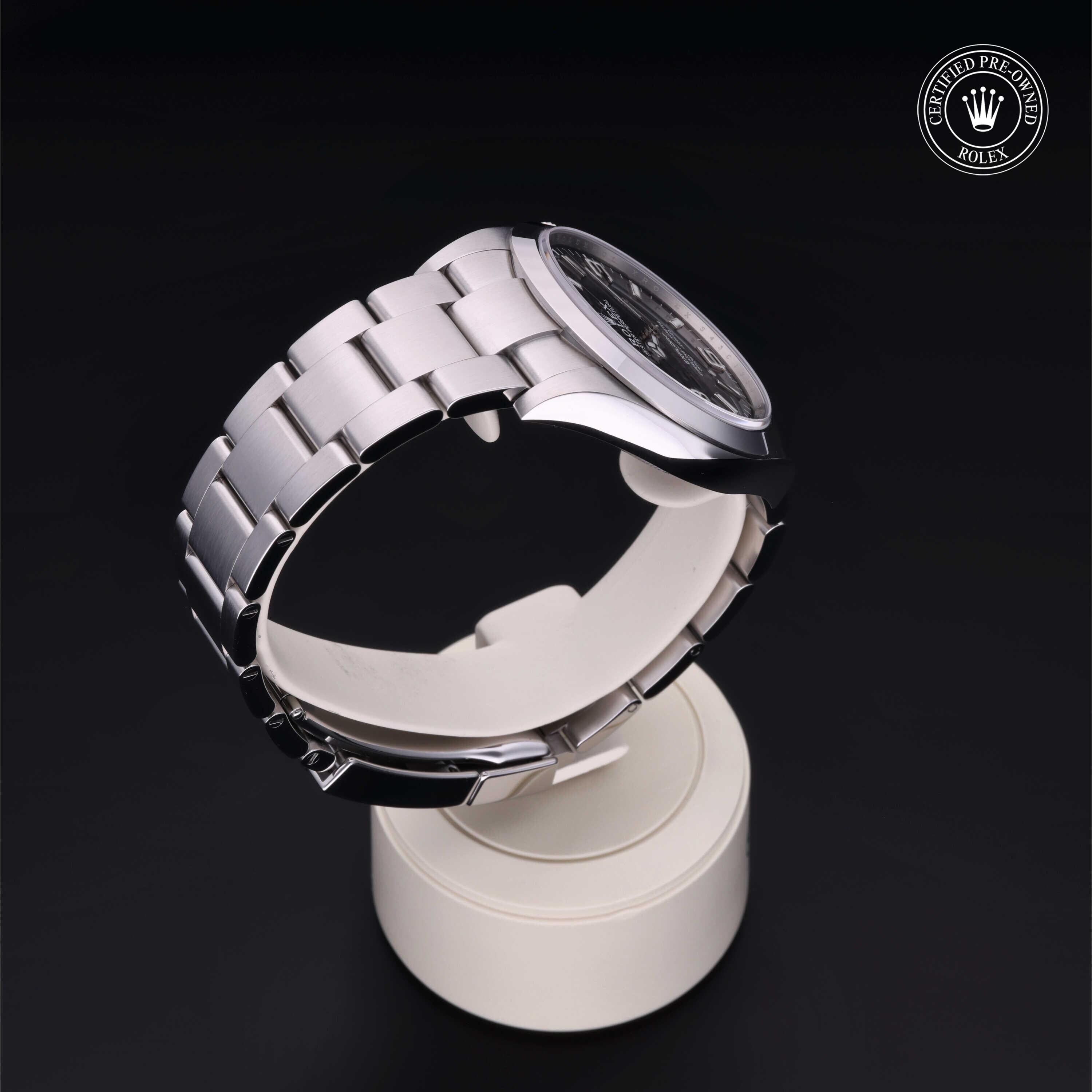 Rolex Certified Pre-owned Explorer M214270-0003 front on black background
