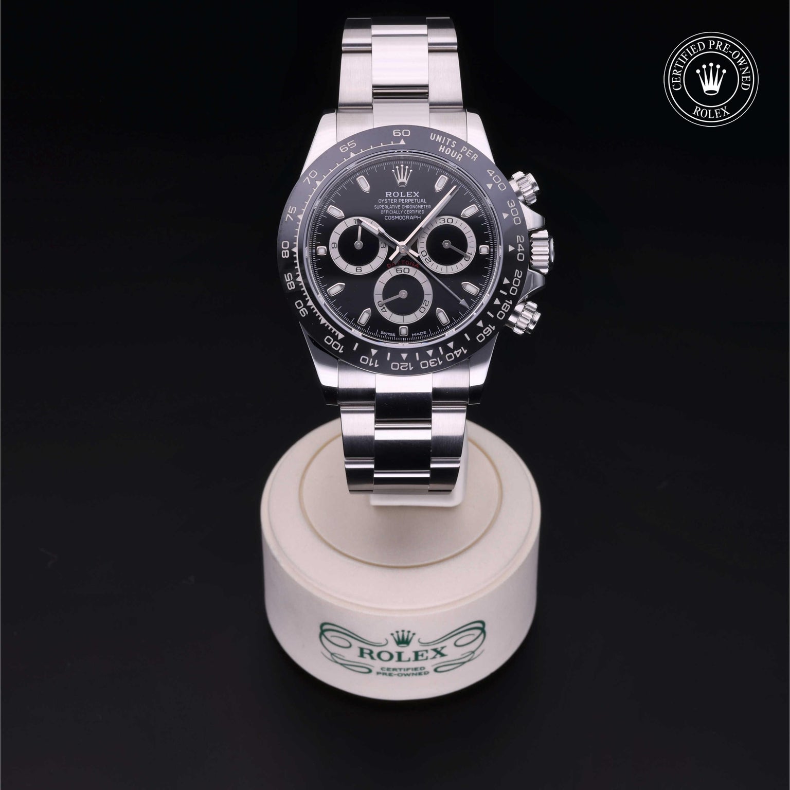 Rolex Certified Pre-owned Daytona M116500LN-0002 front on black background
